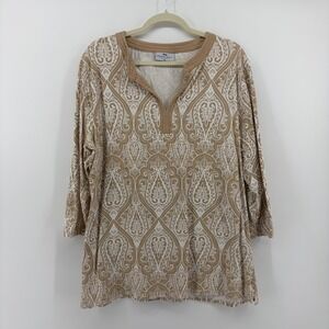 Princess Cruises Womens XXL Tan Paisley 3/4 Sleeve Split Neck Cotton Blend Top
